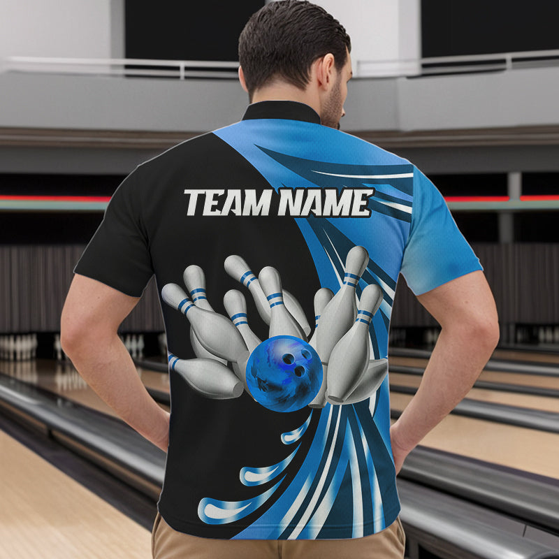 Personalized Blue Bowling Team Jersey For Men & Women Custom Quarter Zip Bowling Shirt BDT457