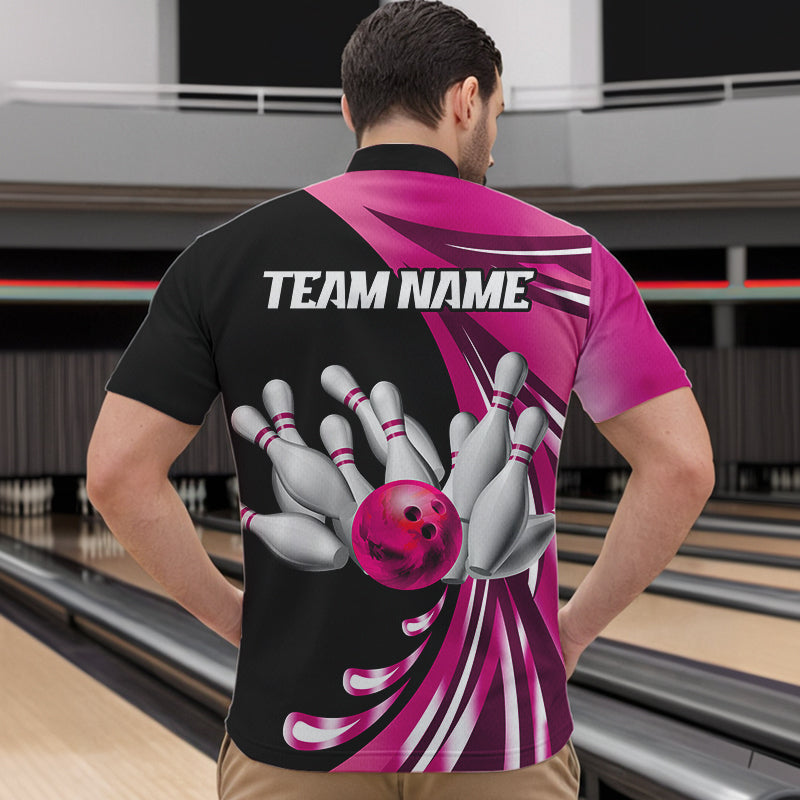 Personalized Pink Bowling Team Jersey For Men & Women Custom Quarter Zip Bowling Shirt BDT457