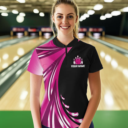 Personalized Pink Bowling Team Jersey For Men & Women Custom Quarter Zip Bowling Shirt BDT457