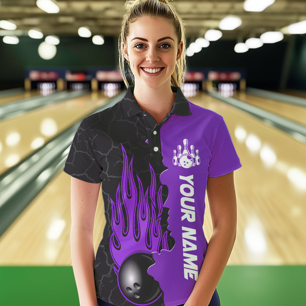 Purple Flame Bowling Polo Shirts Men & Women Custom Bowling Team League Jerseys BDT471