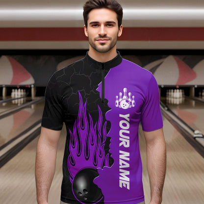 Purple Flame Bowling Quarter Zip Shirts Men & Women Custom Bowling Team League Jerseys BDT471