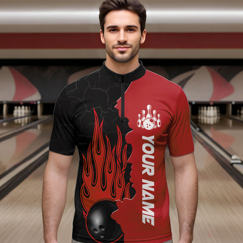 Red Flame Bowling Quarter Zip Shirt Men & Women Custom Bowling Team League Jerseys BDT471