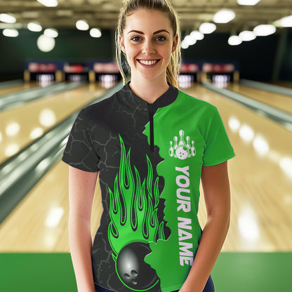 Green Flame Bowling Quarter Zip Shirts Men & Women Custom Bowling Team League Jerseys BDT471