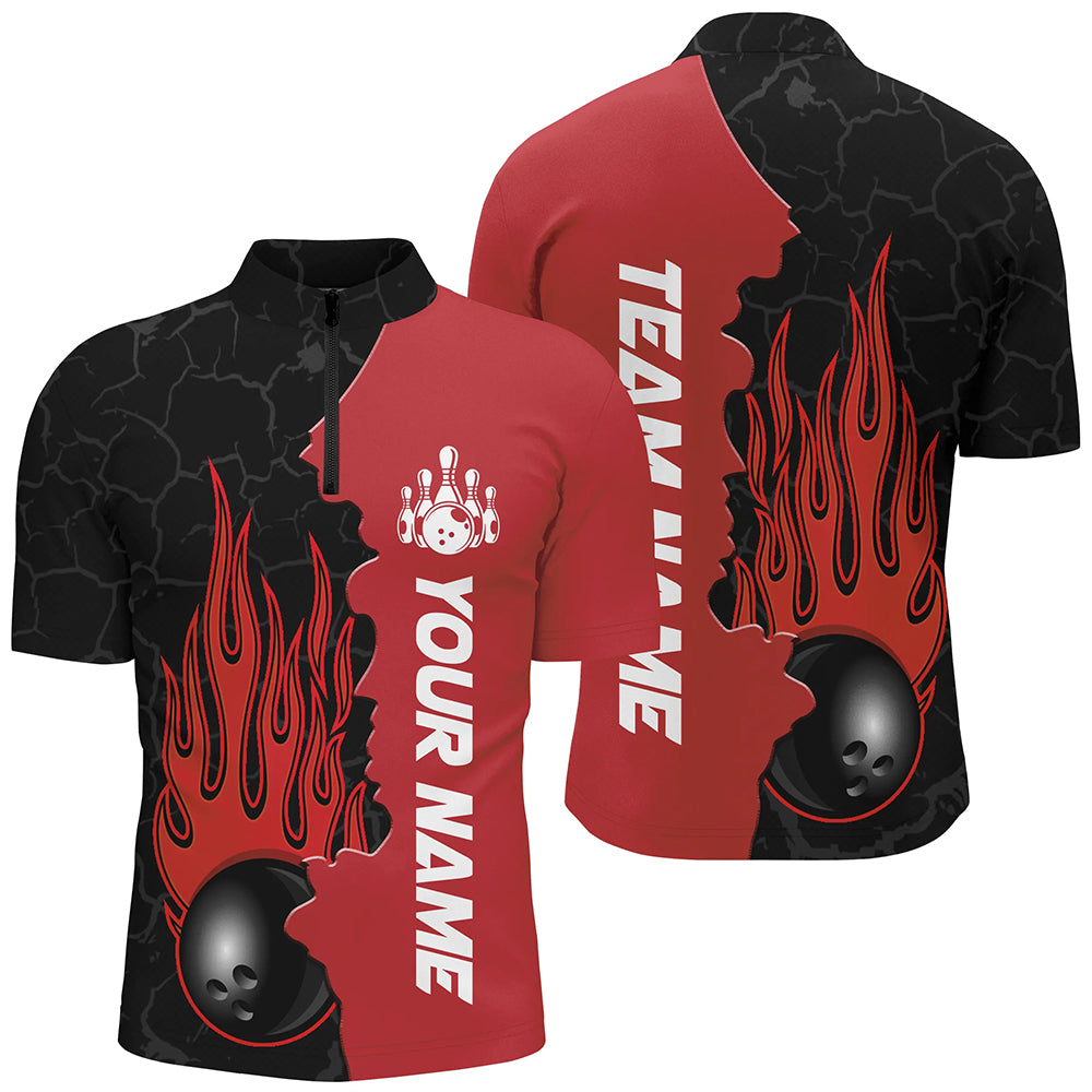 Red Flame Bowling Quarter Zip Shirt Men & Women Custom Bowling Team League Jerseys BDT471