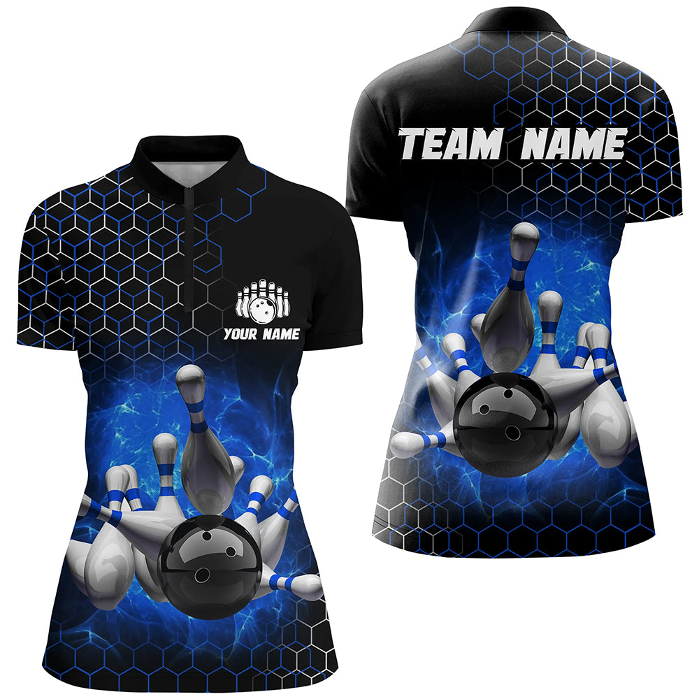 Personalized Blue Bowling Jersey Men and Women Custom Bowling Quarter-Zip Shirt Team BDT490