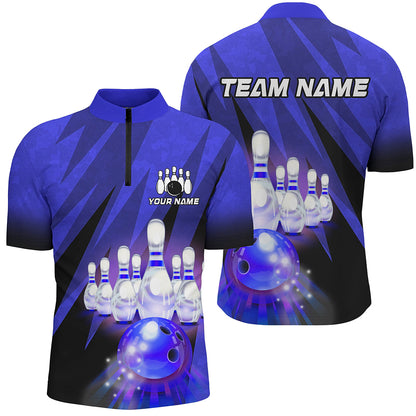 Custom Blue Bowling Shirt For Couple 1/4 Zip Bowling Team Jersey Men Women Bowler Gift BDT501