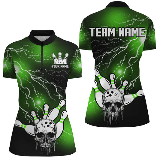 Skull Bowling 1/4 Zip Shirt For Men & Women Light Thunder Green Bowling Team Jersey Halloween BDT541