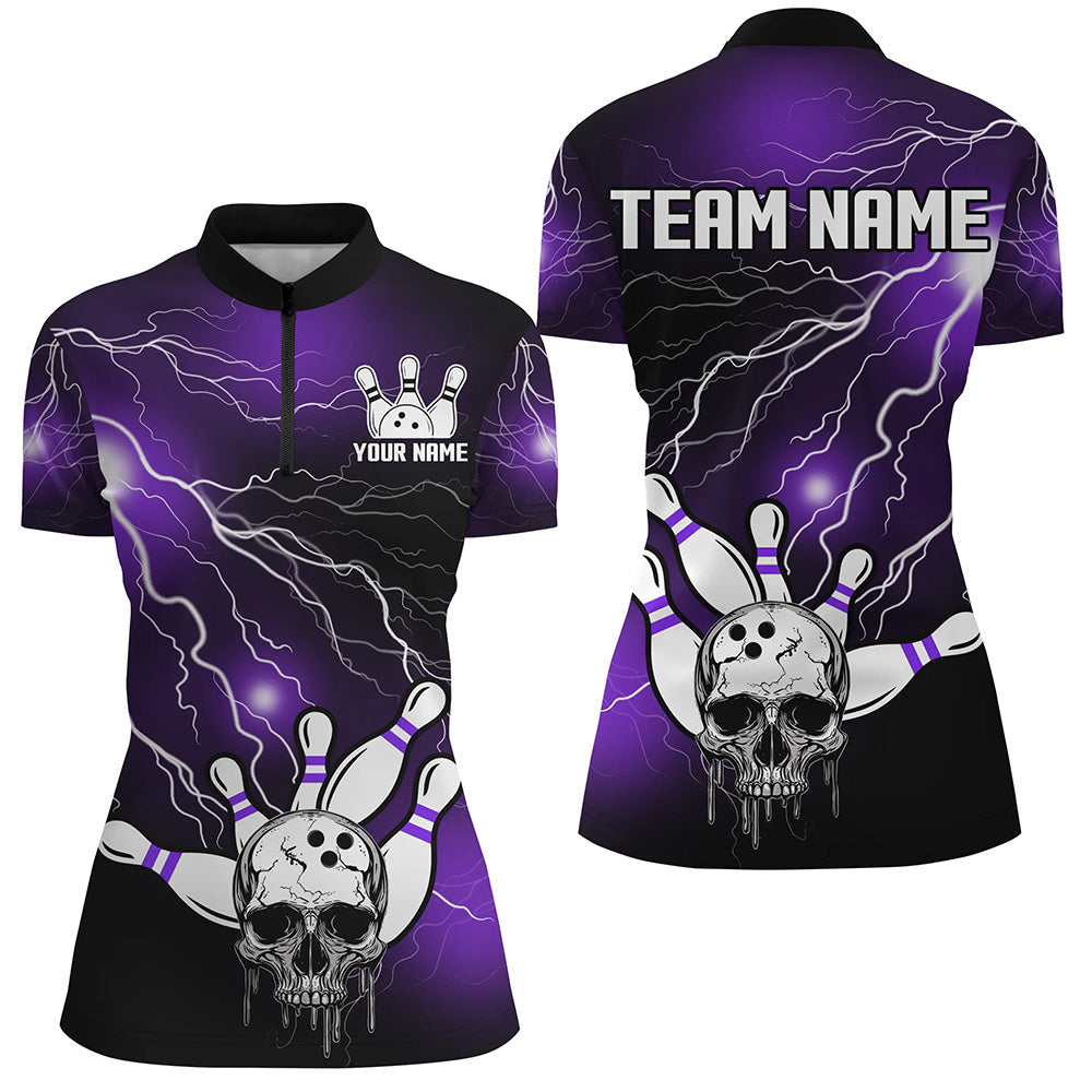 Skull Bowling 1/4 Zip Shirt For Men & Women Light Thunder Purple Bowling Team Jersey Halloween BDT541