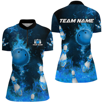 Blue Flame Bowling Shirts Men & Women Custom Bowling Team Jersey 1/4 Zip Bowling Uniform BDT529