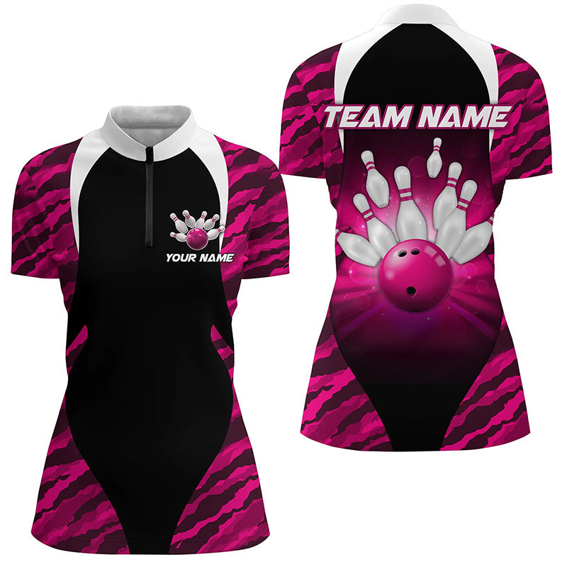 Pink Camo Bowling Shirts Men Women Bowling Jersey Unisex Custom 1/4 Zip Bowling Team Shirt BDT597