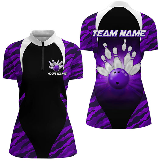 Purple Camo Bowling Shirts Men Women Bowling Jersey Unisex Custom 1/4 Zip Bowling Team Shirt BDT597