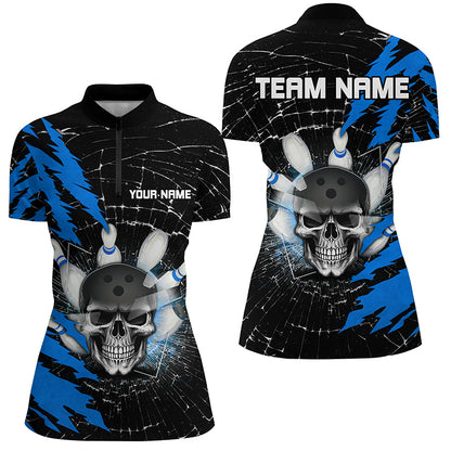 Skull Bowling Quarter-Zip Shirt For Men & Women Custom Halloween Bowling Team Jersey Blue BDT538