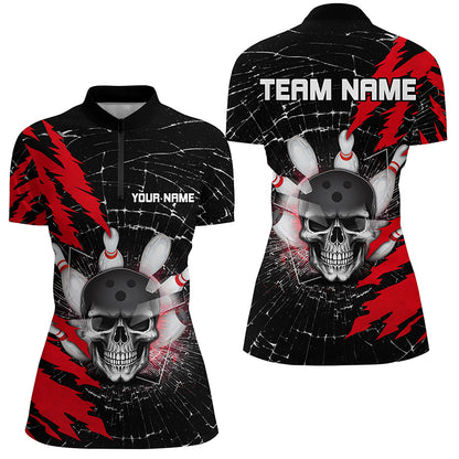 Skull Bowling Quarter-Zip Shirt For Men & Women Custom Halloween Bowling Team Jersey Red BDT538