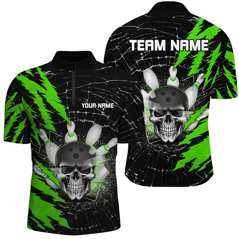 Skull Bowling Quarter-Zip Shirt For Men & Women Custom Halloween Bowling Team Jersey Green BDT538