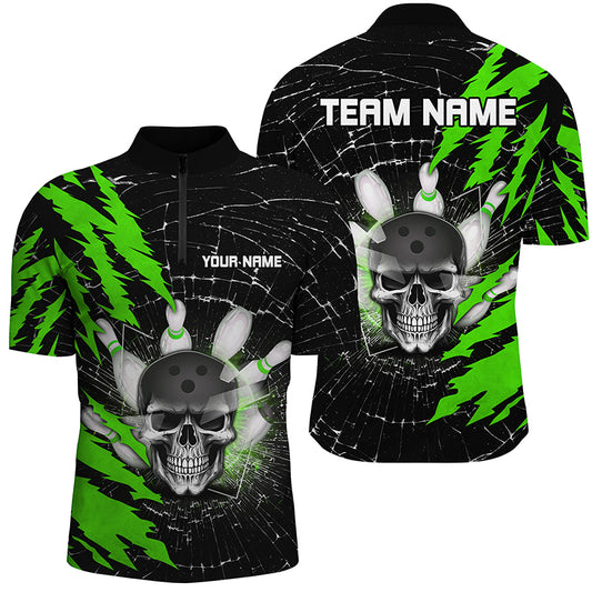 Skull Bowling Quarter-Zip Shirt For Men & Women Custom Halloween Bowling Team Jersey Green BDT538