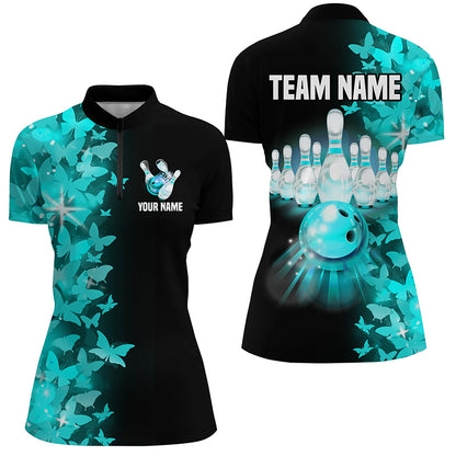 Turquoise Butterfly Bowling Shirts For Men Women Custom 1/4 Zip Bowling Jersey Team BDT505