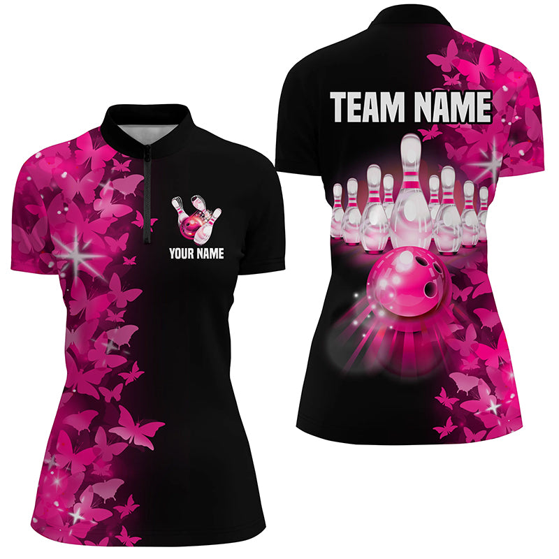 Pink Butterfly Bowling Shirts For Men Women Custom 1/4 Zip Bowling Jersey Team BDT505