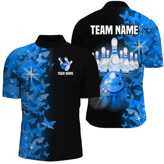 Blue Butterfly Bowling Shirts For Men Women Custom 1/4 Zip Bowling Jersey Team BDT505