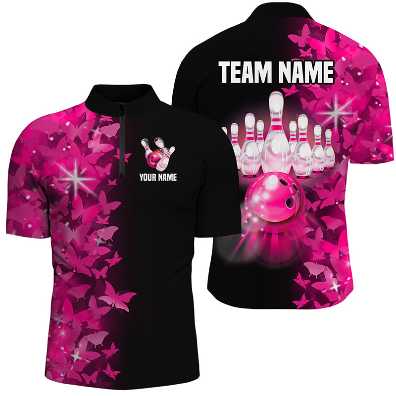 Pink Butterfly Bowling Shirts For Men Women Custom 1/4 Zip Bowling Jersey Team BDT505