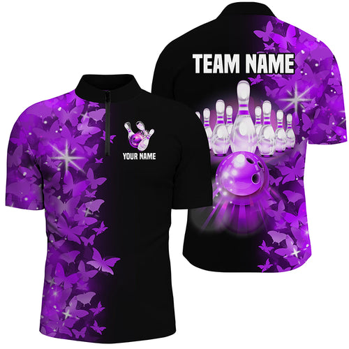 Purple Butterfly Bowling Shirts For Men Women Custom 1/4 Zip Bowling Jersey Team BDT505