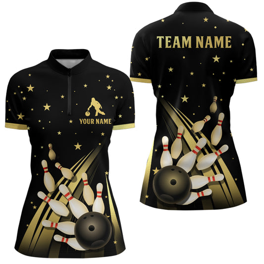 Gold&Black Bowling Jersey Men & Women Custom Bowling Shirt Team Bowling 1/4 Zip BDT528