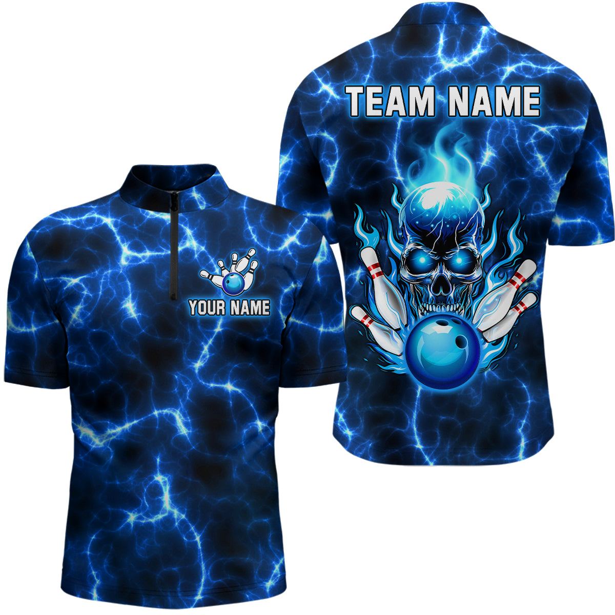 Skull Bowling Shirt For Men Women Custom 1/4 Zip Bowling Team Jersey Lightning Blue BDT494