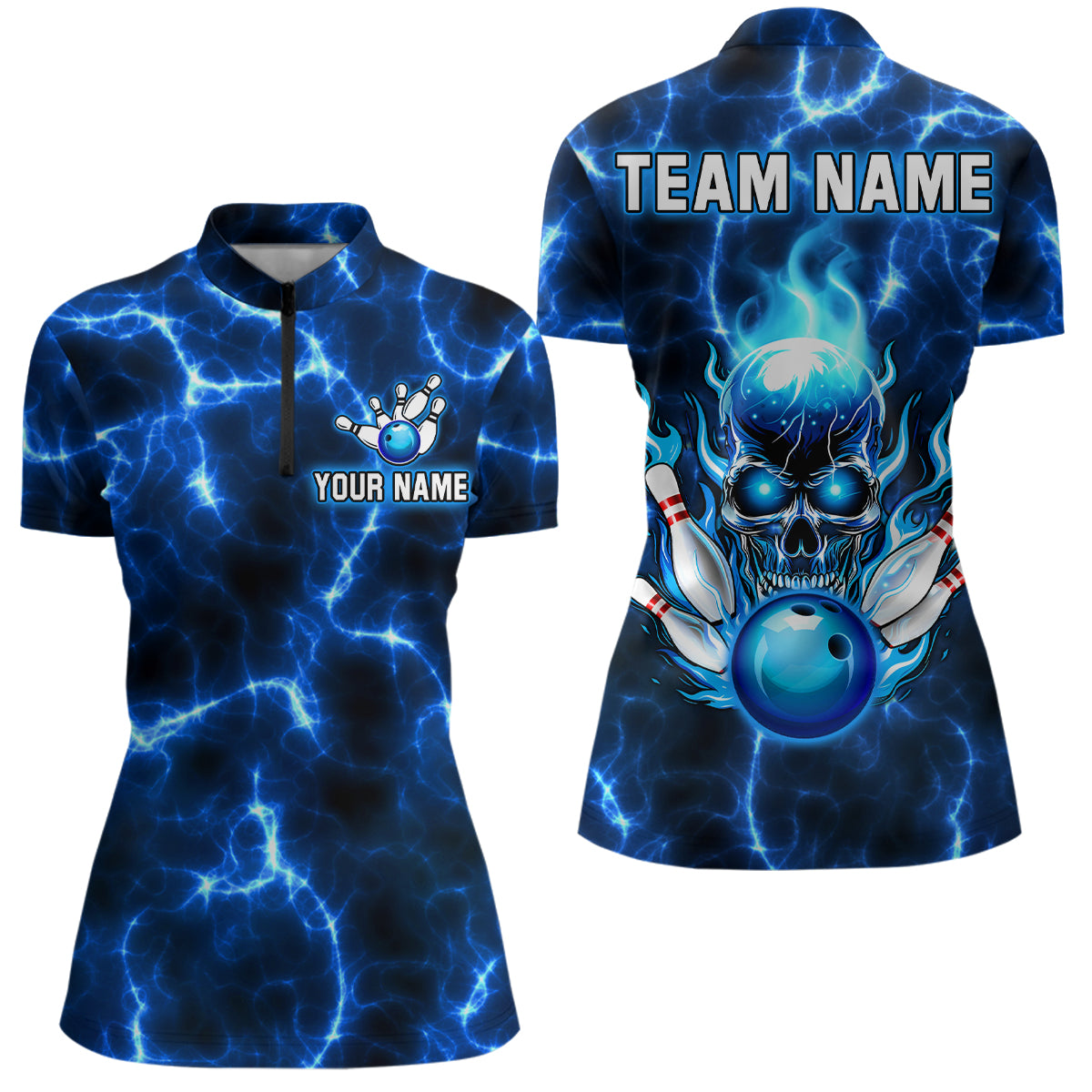 Skull Bowling Shirt For Men Women Custom 1/4 Zip Bowling Team Jersey Lightning Blue BDT494