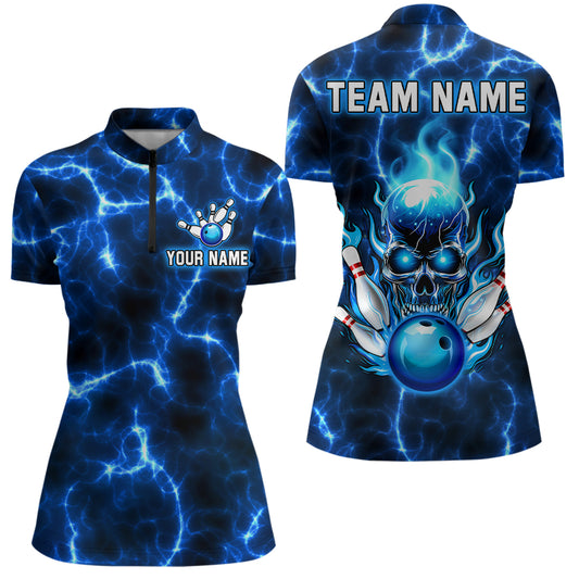 Skull Bowling Shirt For Men Women Custom 1/4 Zip Bowling Team Jersey Lightning Blue BDT494