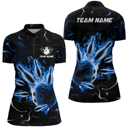 Custom Blue Flames Bowling Shirt For Men & Women 1/4 Zip Bowling Team Jersey Unisex BDT542