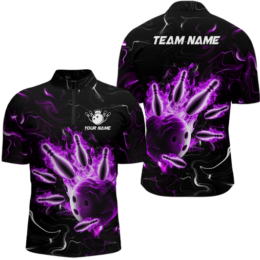 Custom Purple Flames Bowling Shirt For Men & Women 1/4 Zip Bowling Team Jersey Unisex BDT542