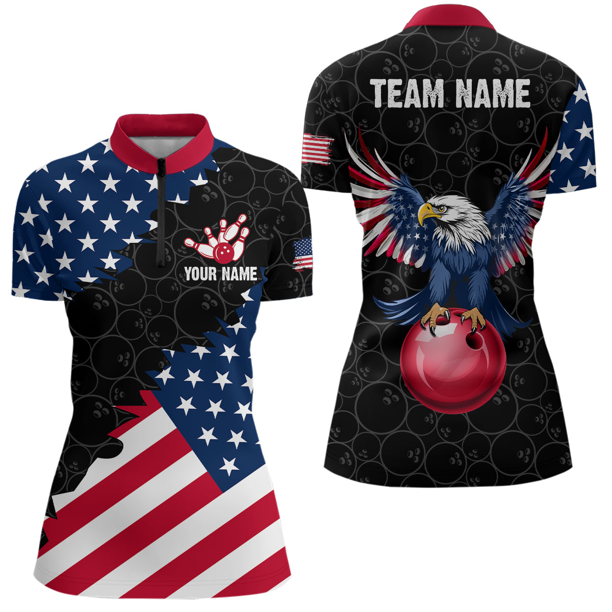 Custom American Bowling 1/4 Zip Shirt for Men & Women Eagle Bowling Jersey Team League Black BDT548