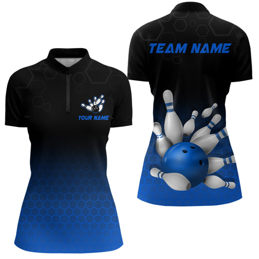Personalized Blue Bowling Shirt for Men & Women Bowling Team Jersey Bowling Quarter-Zip BDT555