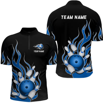 Blue Flame Bowling Quarter Zip Shirts for Men And Women Custom Bowling Team Jerseys Unisex BDT477
