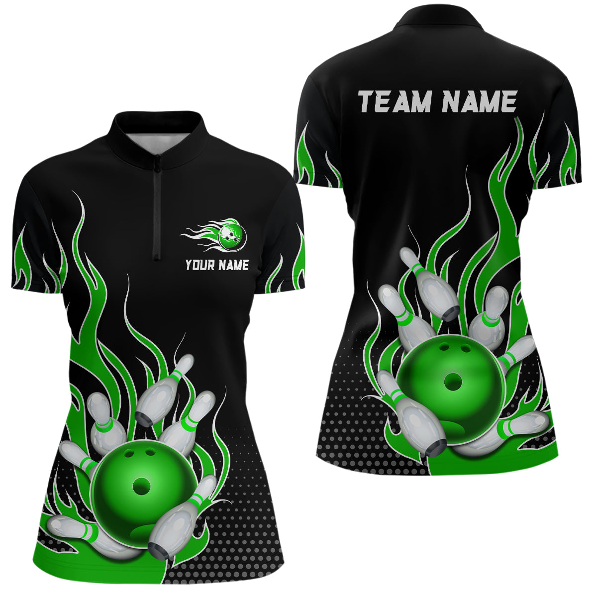 Green Flame Bowling Quarter Zip Shirts for Men And Women Custom Bowling Team Jerseys Unisex BDT477