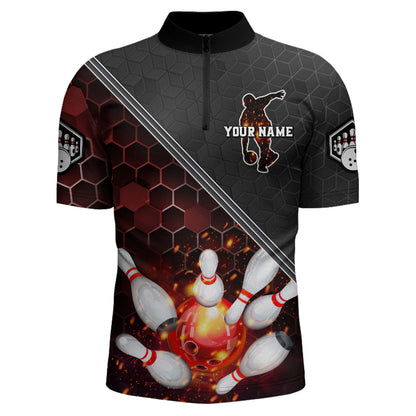 Red&Black Bowling Jersey Flame Bowling Quarter-Zip Shirt For Men Custom Bowling Team Shirt BDT299