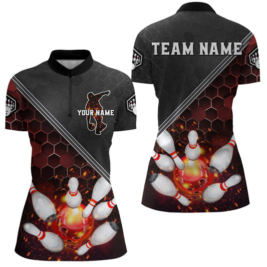 Red&Black Bowling Jersey Flame Bowling Quarter-Zip Shirt For Women Custom Bowling Team Shirt BDT299