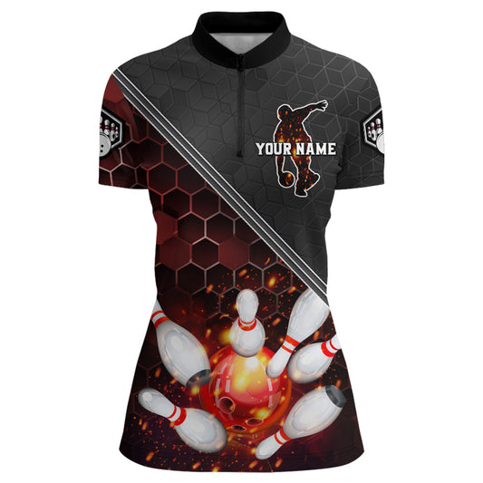Red&Black Bowling Jersey Flame Bowling Quarter-Zip Shirt For Women Custom Bowling Team Shirt BDT299