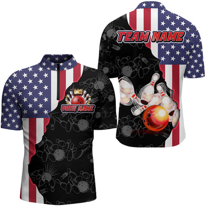 American Bowling Shirt For Men Patriotic Bowling Jersey Team League Bowling Quarter-Zip Shirt BDT313