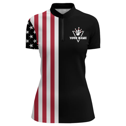 American Bowling Shirt Women Black Bowling Team League Jersey Custom Bowling Quarter-Zip Shirt BDT357