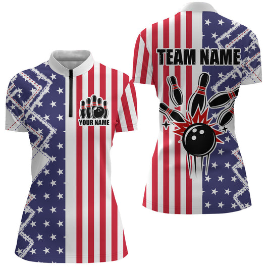 USA Bowling Quarter-Zip Shirt For Women Custom Patriotic Bowling Jersey Bowling Shirt For Team BDT274