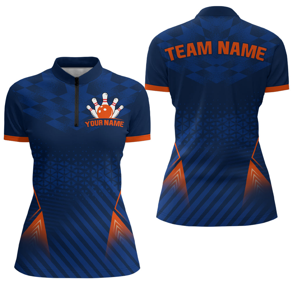 Navy&Orange Bowling Jersey Men & Women Custom Bowling 1/4 Zip Shirt Team League BDT526