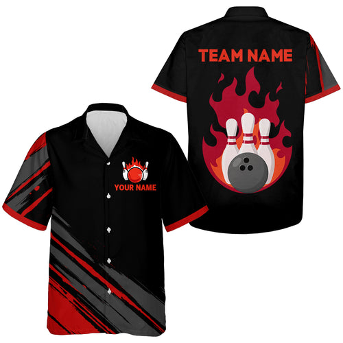 Flame Bowling Shirt For Men & Women Custom Black&Red Bowling Jersey Hawaiian Bowling League Shirt BDT353