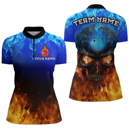 Flame Skull Bowling Shirts Unisex Custom 1/4 Bowling Team Jersey For Men & Women BDT483