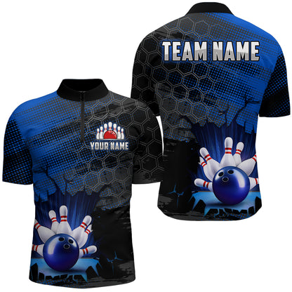 Custom Blue Bowling Shirts For Men & Women Bowling Team League Jersey Unisex Quarter-Zip BDT533