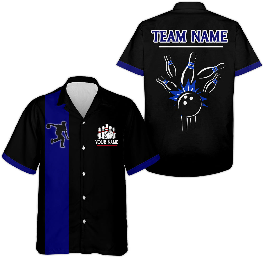 Black&Blue Bowling Shirt For Men & Women Custom Retro Bowling Jersey Hawaiian Bowling League Shirt BDT534