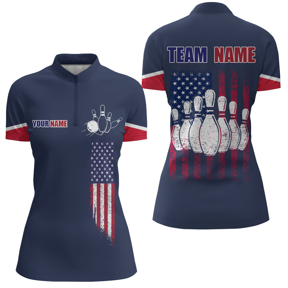 Navy Bowling Quarter-Zip Shirt For Women Custom American Bowling Team Jersey Patriot Bowling Shirt BDT318