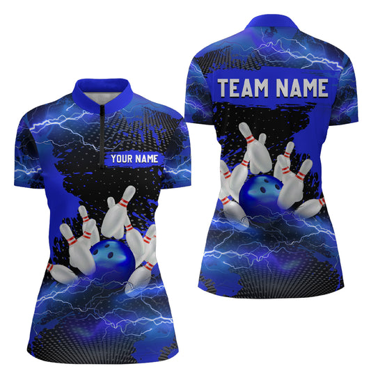 Custom Blue Bowling Quarter-Zip Shirts Men & Women Lightning Thunder Bowling Team Jerseys BDT455