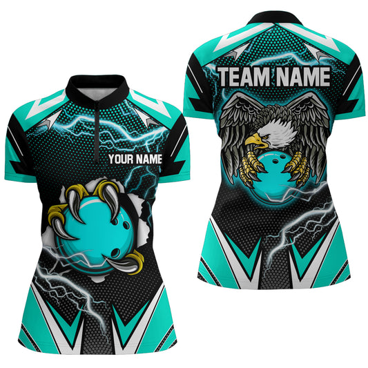 Custom Eagle Bowling Shirts for Men & Women 1/4 Zip Bowling Team Jerseys Turquoise BDT468