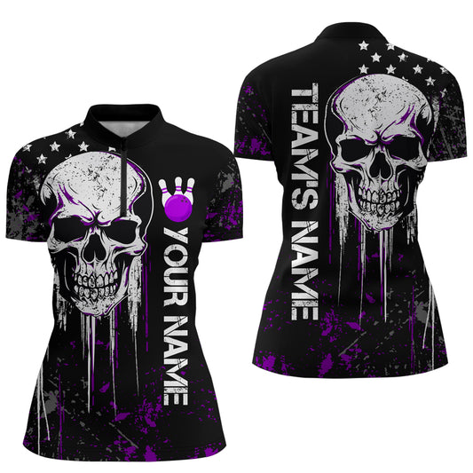 Purple Skull Bowling Shirts Men & Women Custom Halloween Bowling Jersey Team 1/4 Zip BDT554