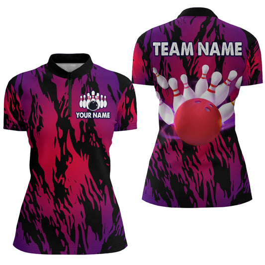 Red&Purple Camo Bowling Shirt Unisex Bowling Team Jersey Men & Women Custom Bowling 1/4 Zip BDT558
